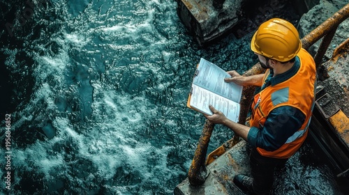 Worker in yellow hard hat and orange safety vest standing on rusted metal platform by churning teal water, reading a clipboard with focused concentration during a marine inspection
