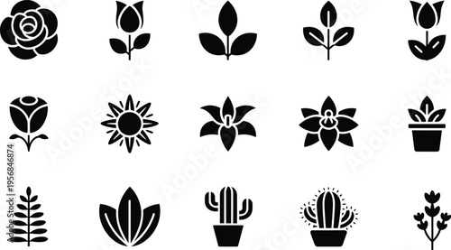 Botanical silhouette icons, flower plant vector set, cactus leaf illustration, gardening design elements, nature clipart collection, decorative foliage graphics