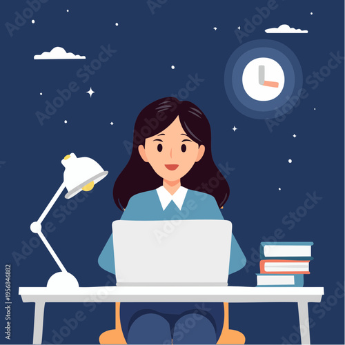 Tired Office Worker Working Late at Night, Laptop Glow, Overtime and Burnout Concept