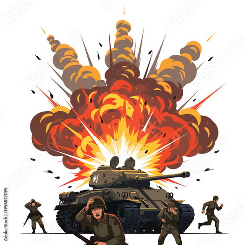 Dynamic vector illustration of a military tank and soldiers amidst a powerful battlefield explosion