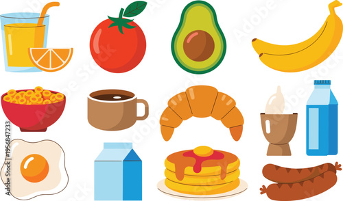 Breakfast food icons, healthy eating illustration, colorful meal clipart, morning nutrition vector, restaurant menu design, vibrant breakfast set artwork