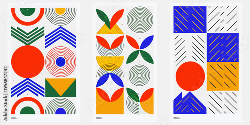 Abstract geometric patterns in red green blue and yellow compositions