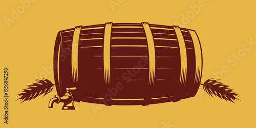 Vintage wooden beer barrel with a spigot and decorative wheat stalks