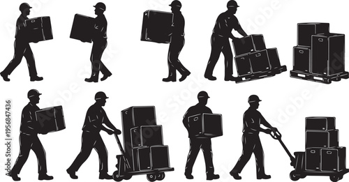 Silhouette of a man moving boxes in various positions