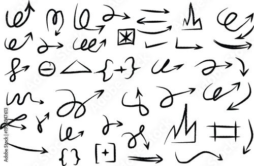 A collection of diverse hand-drawn arrows and graphical symbols in black and white, representing direction, choices, and concepts