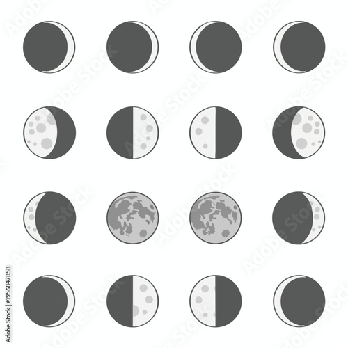 Sixteen flat icons depict the moon's phases, from crescent to full