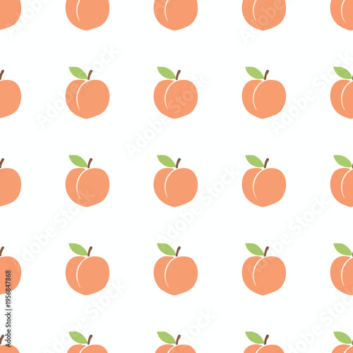 Repeating pattern of stylized orange peaches with green leaves on white background