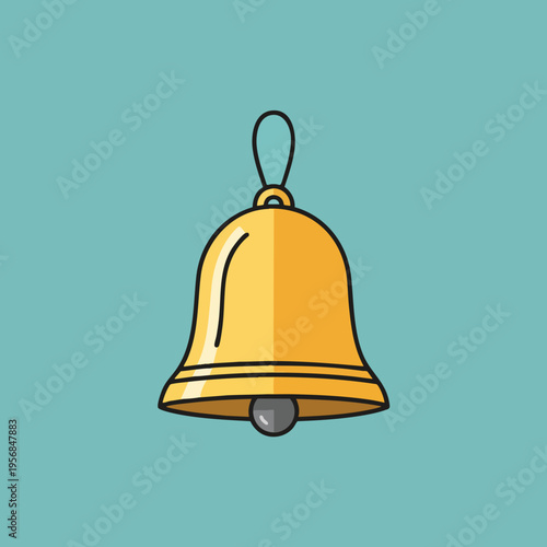 Flat, simple illustration of a golden bell with a clapper on a teal background