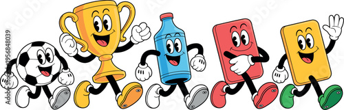 Lively mascots representing various soccer elements march across the frame with happy expressions.