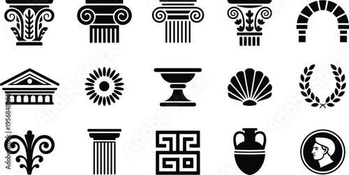 Classical architecture silhouettes, Greek Roman design icons, Corinthian Doric Ionic capitals, laurel wreath, amphora pottery, pediment arch, decorative motifs