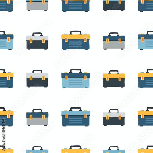 Rows of flat-style toolboxes in various colors and configurations