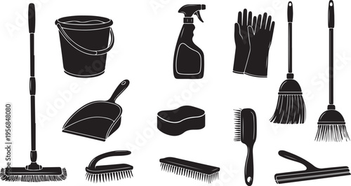 Cleaning tools and supplies in black and white icons