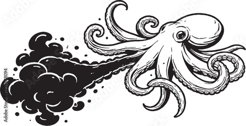 Octopus defensive ink release black and white line art cephalopod marine animal illustration