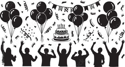 Silhouette of people celebrating a birthday party with balloons