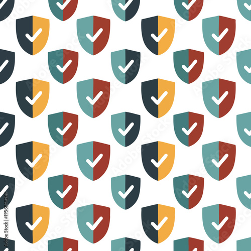 Seamless pattern of dual-colored shields with checkmarks on a white background