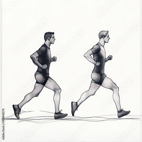 two runners in profile midstride on a white background wearing shorts and t-shirts, bodies tense and focused, conveying motion, effort and determination