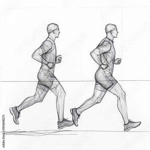 Two side-view pencil sketches of runners in athletic clothing showing different strides and dynamic motion, focused and determined expressions, with visible construction and grid lines