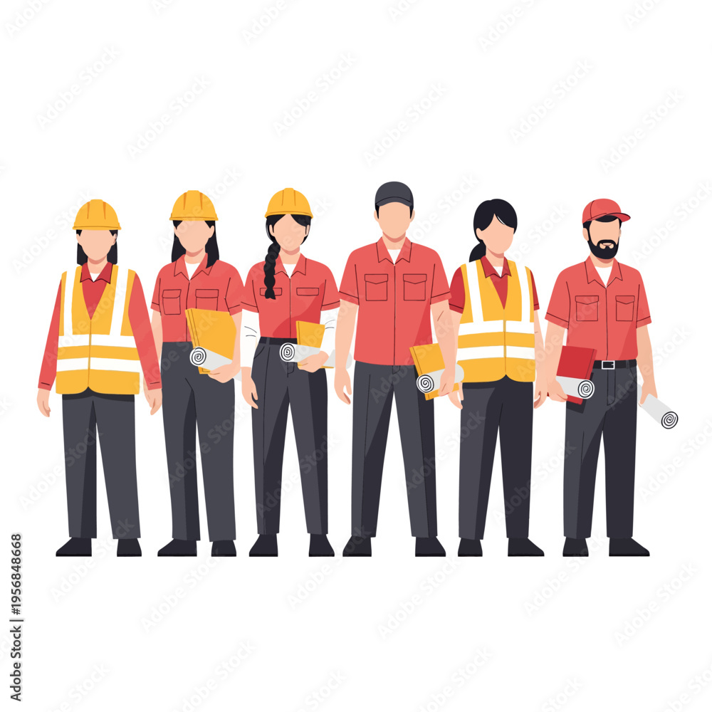 Obraz premium Construction Workers Team Illustration Stock Image Blueprint Plans Safety Gear Uniforms Hard Hats Orange Vests Engineering Crew Vector Graphic