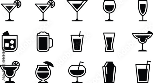 Cocktail glass icons, martini silhouette, wine glass vector, champagne flute design, beer mug illustration, tropical drink, margarita, bar menu graphics