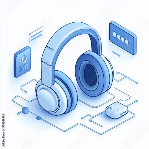 Isometric blue over-ear headphones with wireless adapter, circuit-style connections and floating interface cards, emitting a calm futuristic connected audio technology vibe
