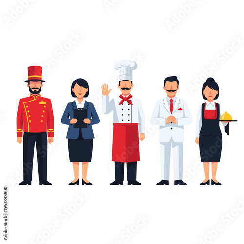 Hospitality Professions Cartoon Illustration Hotel Restaurant Staff Uniforms Jobs Careers Vector Design Stock Image Graphic