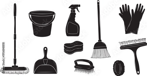 Cleaning tools and supplies in black and white illustration
