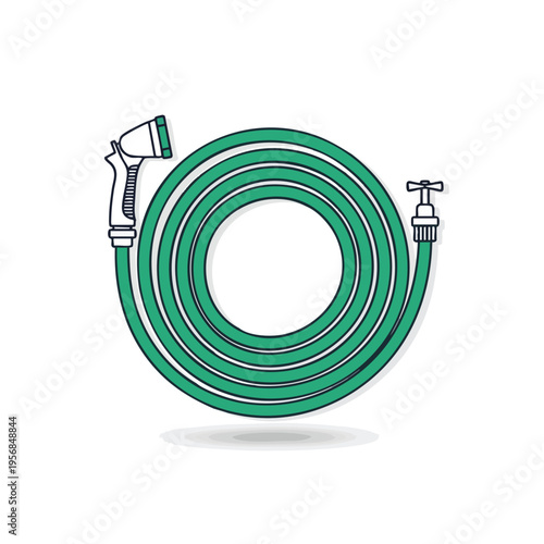 A coiled green garden hose with a spray nozzle and water tap