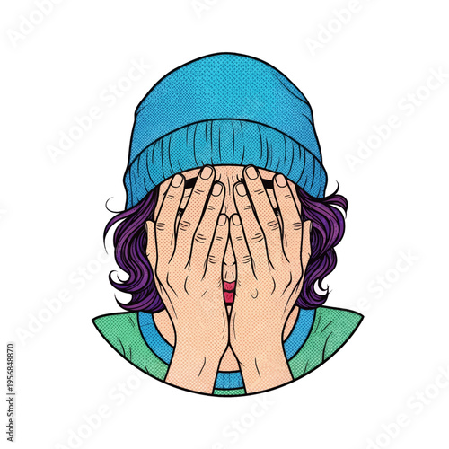 Pop Art Illustration of Person Covering Eyes with Hands Wearing a Blue Beanie - Comic Style Portrait Design