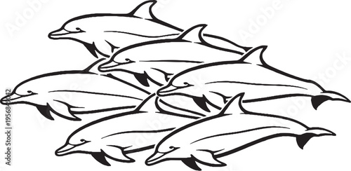 Dolphin pod group swimming black and white line art marine mammal outline illustration