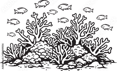 Coral reef ecosystem scene black and white line art marine habitat illustration
