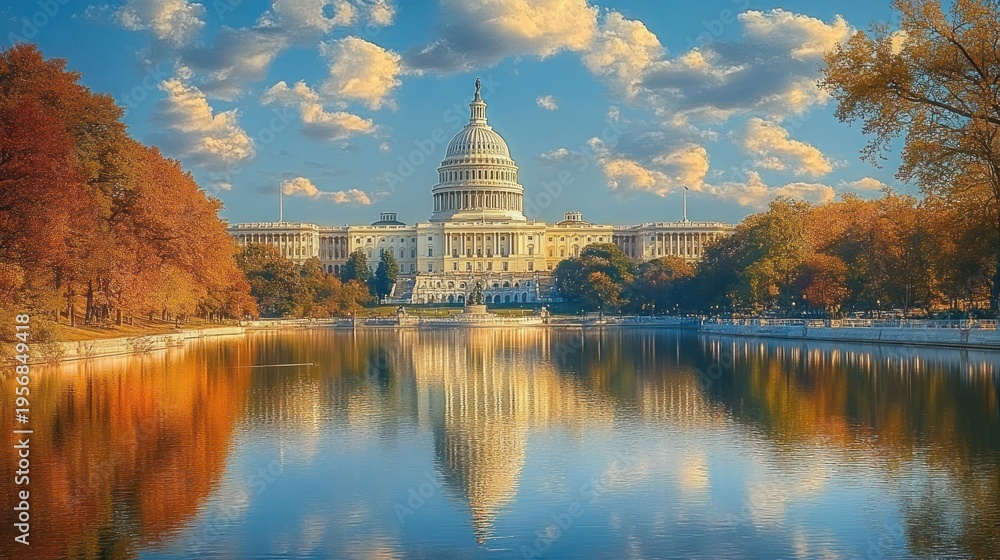 Obraz premium Majestic domed capitol building reflected in a calm pool framed by autumn trees under a golden blue sky