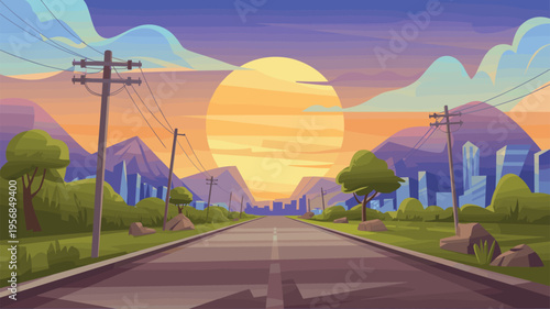 Colorful sunset road leading to modern city skyline with mountains, trees, power lines, vibrant sky clouds, serene landscape illustration