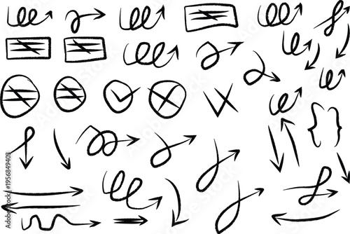 A diverse collection of hand-drawn arrow icons representing direction, choices, and movement in various styles and forms