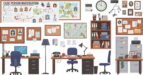 Police Investigation Office Interior with Case Board, Maps, Desks, Filing Cabinet, Bookshelf, Computer Workstations, and Detective Workspace Elements