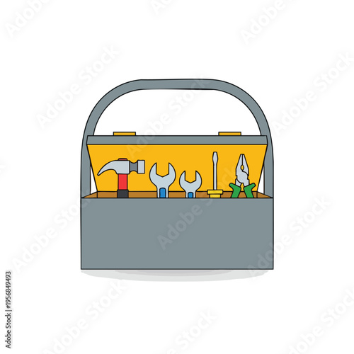 Open gray toolbox with yellow interior holding assorted hand tools