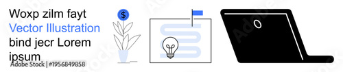 Business growth, innovation, creative planning, technology, startups, financial planning. Features a growing plant with a dollar symbol, a light bulb on a chart and a laptop. Business growth