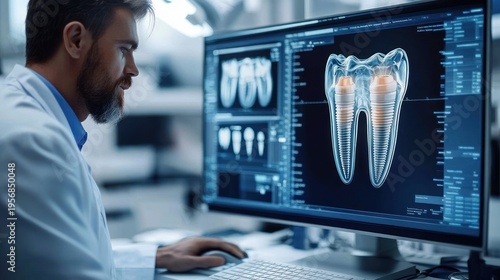 dental professional reviewing a detailed 3d dental implant scan on a desktop monitor, focused and analytical in a modern clinical workspace