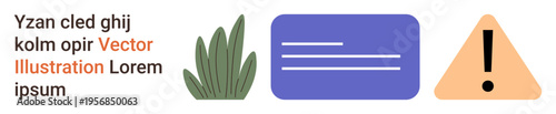 Web design, user interface, notifications, nature integration, caution alerts, message icons. Display of text, plant graphic informational card and warning triangle. Web design and notification
