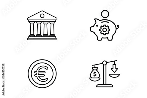 Financial icons including bank piggy bank euro coin and balance scale