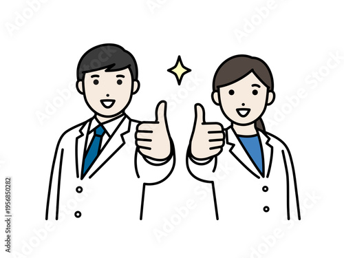 グッドサインをする白衣の男性と女性