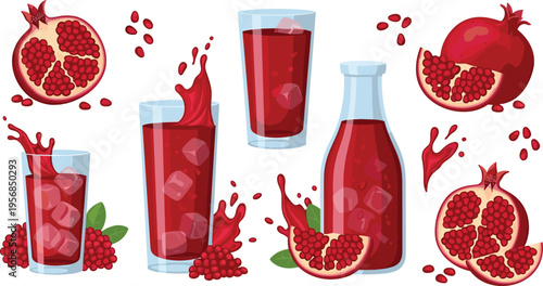 Pomegranate Juice Collection with Glasses, Bottles, Ice Cubes, and Fresh Pomegranate Fruits for Healthy and Refreshing Beverage Illustrations