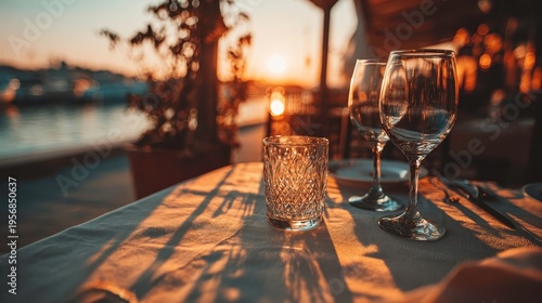 Sunset Dining: Wine Glasses, Romantic Dinner, Golden Hour