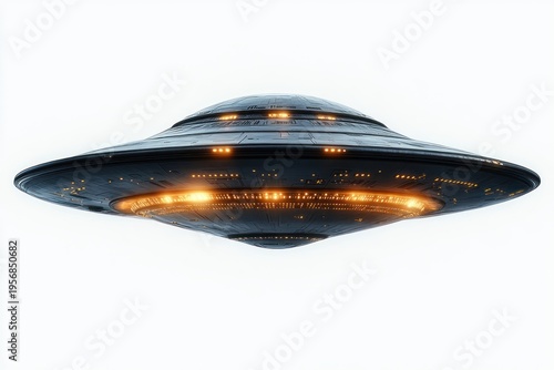 sleek metallic disc-shaped flying saucer hovering with glowing orange circular lights, emitting an eerie mysterious and awe-inspiring presence against a bright background