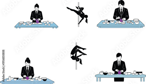 Collection of vector character silhouettes featuring professional chefs preparing food and pole dance athletes performing fitness acrobatics isolated