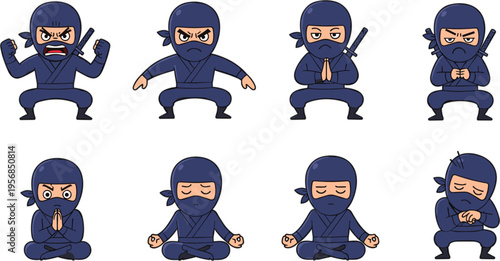 Collection of cute cartoon ninja characters in various poses such as meditating sitting and fighting with swords for gaming