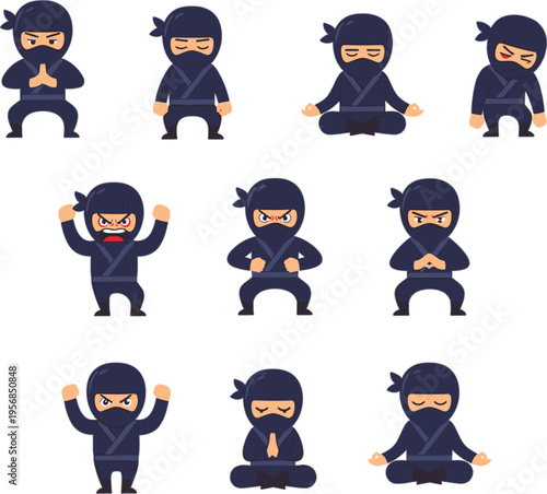Cute cartoon ninja character vector set featuring various poses including meditating fighting jumping and praying for mascot design projects