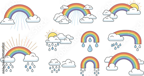 Rainbow Weather Icons Collection with Clouds Rain Sun and Storm Elements Colorful Vector Illustration Set for Kids Design, Forecast Graphics, and Decorative Use