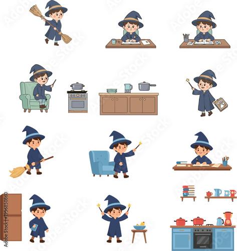Cute boy wizard character vector set performing magic flying on broomsticks studying and cooking in a kitchen for kids