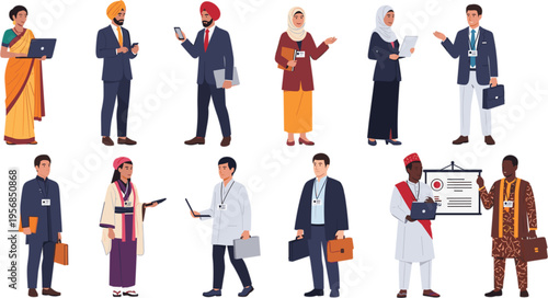 Large vector collection of diverse multicultural business professionals in traditional and modern attire for global corporate