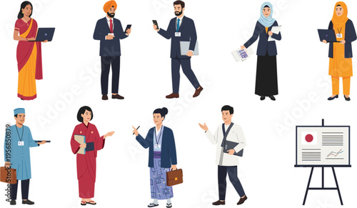 Large vector collection of diverse multicultural business professionals with presentation board in traditional